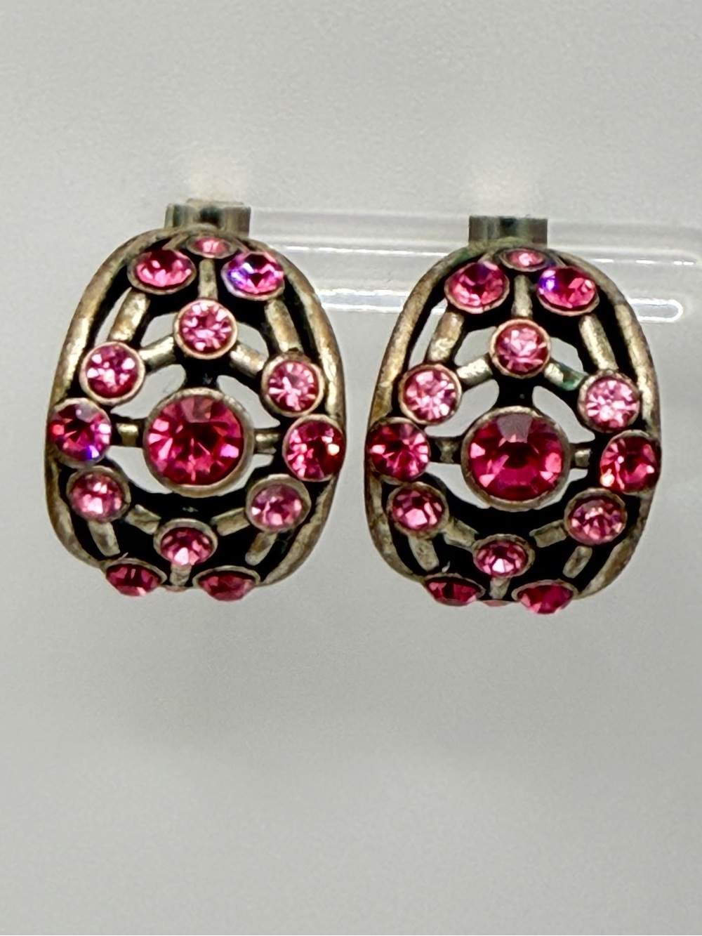 Vintage Pink Rhinestone Clip On Earrings Silver Tone Openwork Dome Statement